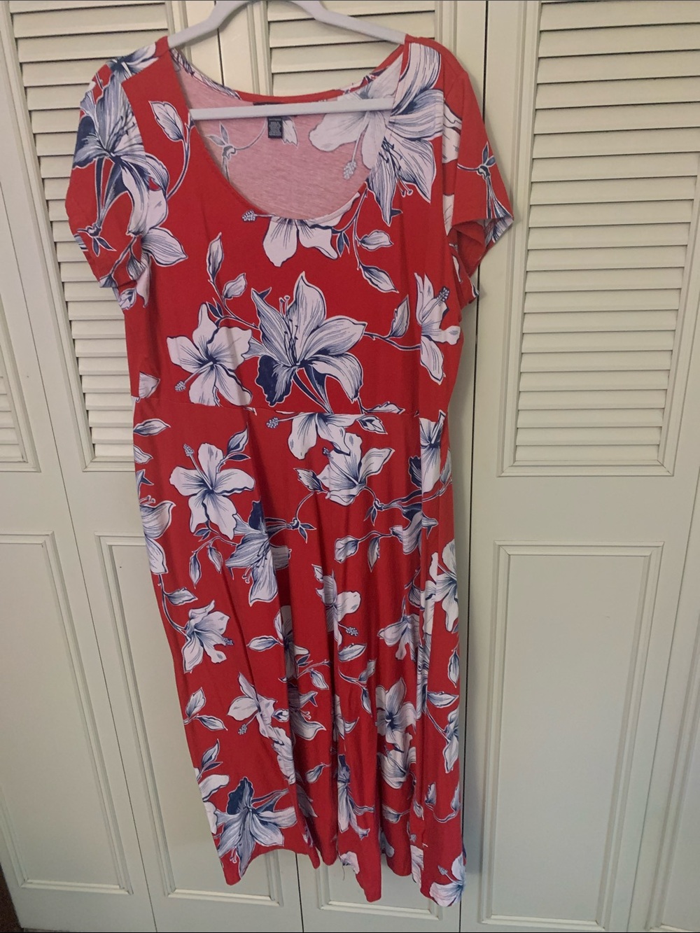 Chaps Red Maxi Dress with White & Blue Floral Print
